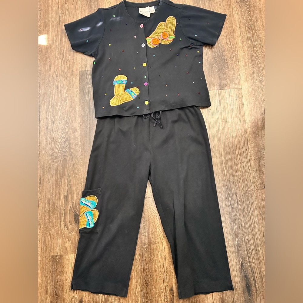 Michael Simon Women’s Flip Flop Black Button Down Sweater & Pants Set Medium VTG